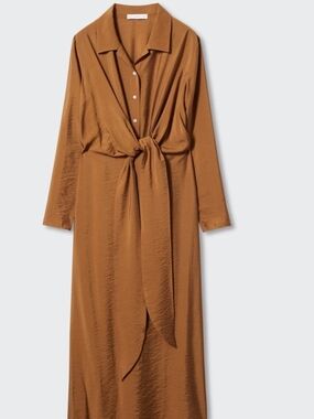 Mango Rust Brown Tie-Waist Maxi Shirt Dress